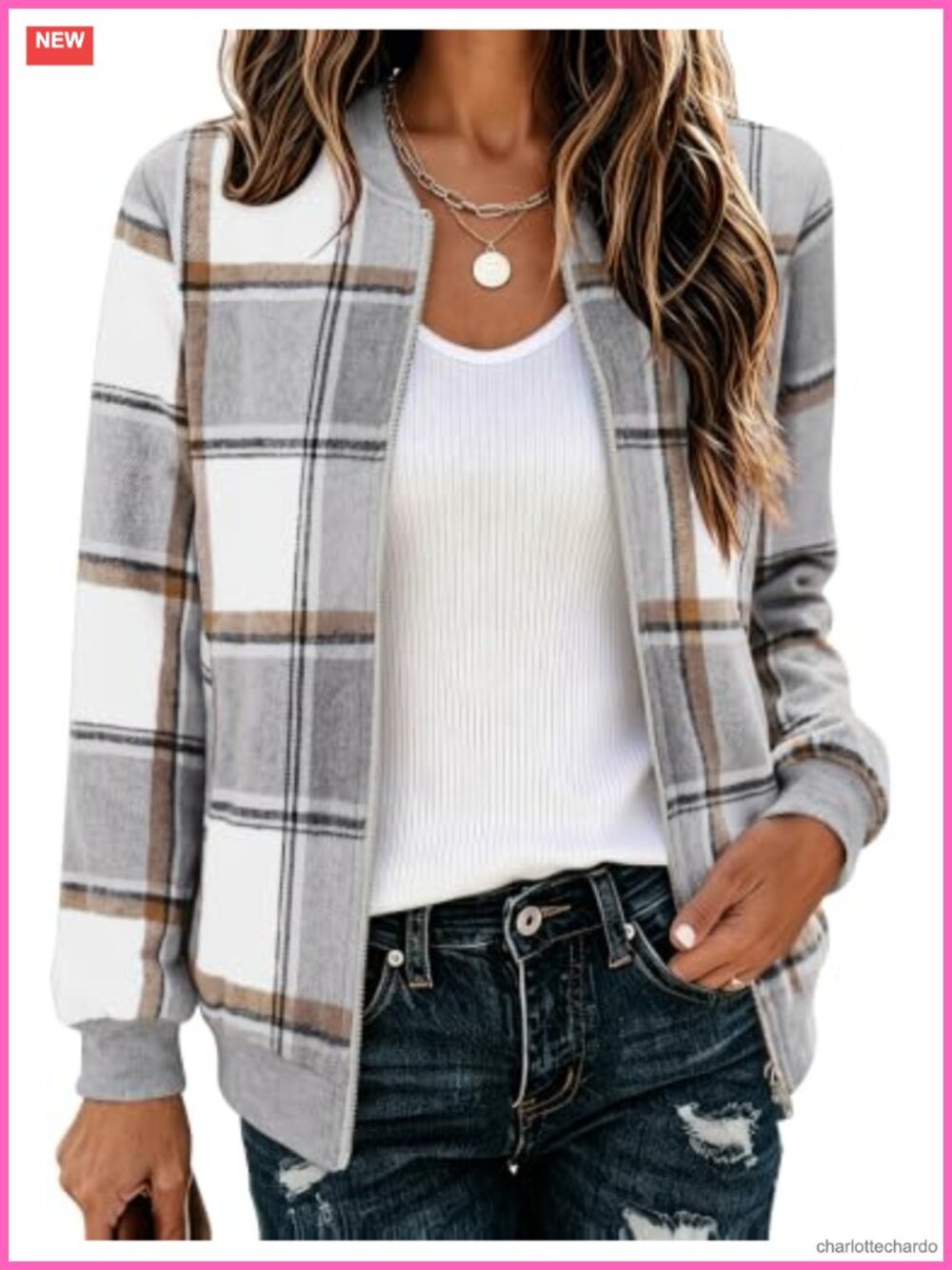 Women's Lightweight Plaid Flannel Bomber Jacket Zip Up Fall Coat